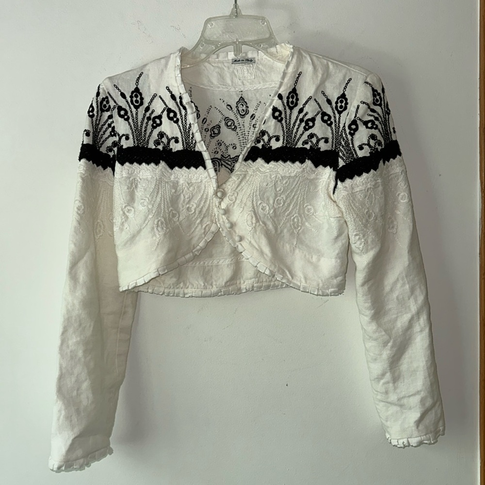 White Embroidered Cropped Jacket with Black Accent